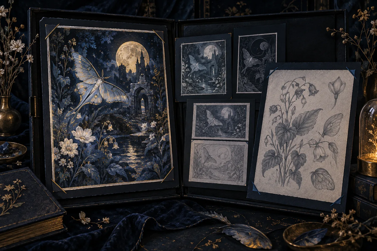 An open midnight-blue portfolio displays a gold moonlit moth illustration beside composition studies and a botanical pencil drawing.