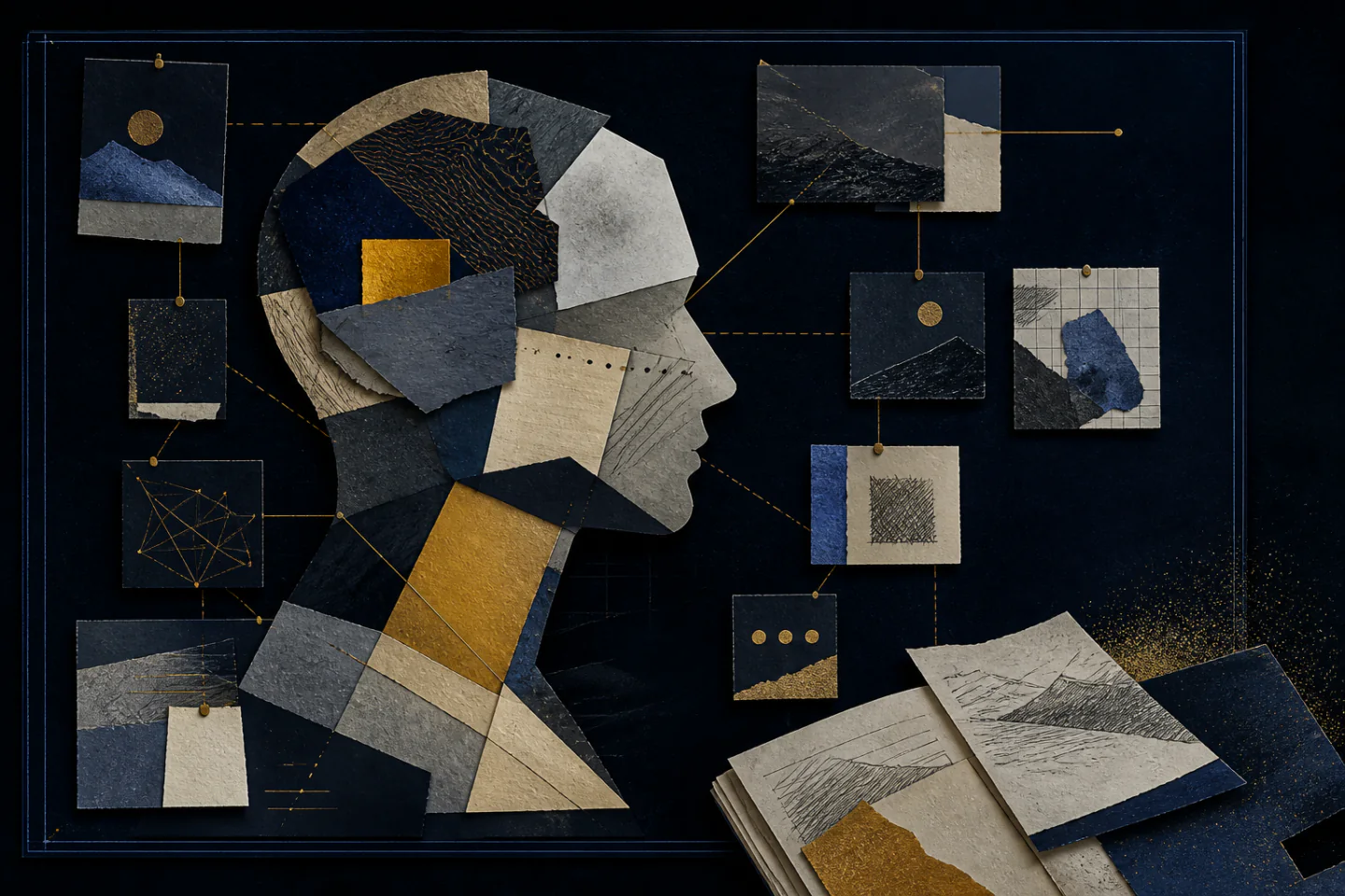 Abstract paper-collage profile assembled from navy, gold, blue, and graphite fragments beside pinned sketch cards on a dark field.