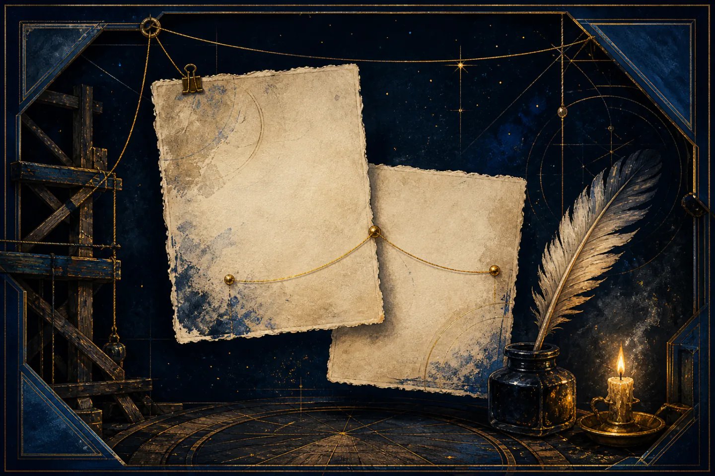 Abstract midnight-blue illustration cabinet with blank parchment sheets, a gold quill, wooden stage beams, circular floor lines, and fine gold threads connecting the papers.
