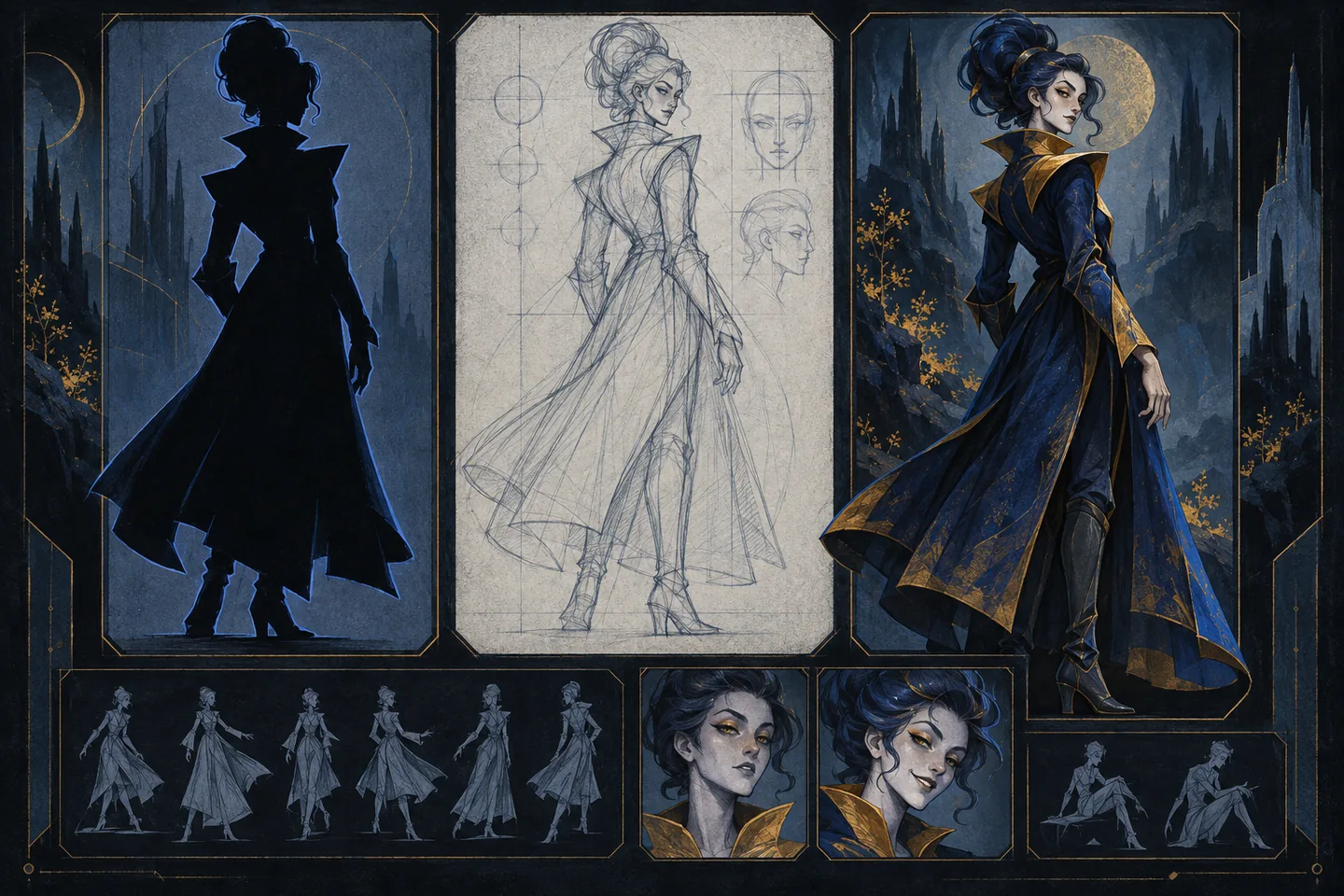Three studies of an invented fantasy character with swept-up hair and an angular collar: a dark silhouette, a construction sketch, and a blue-and-gold rendering, with gesture and expression thumbnails below.