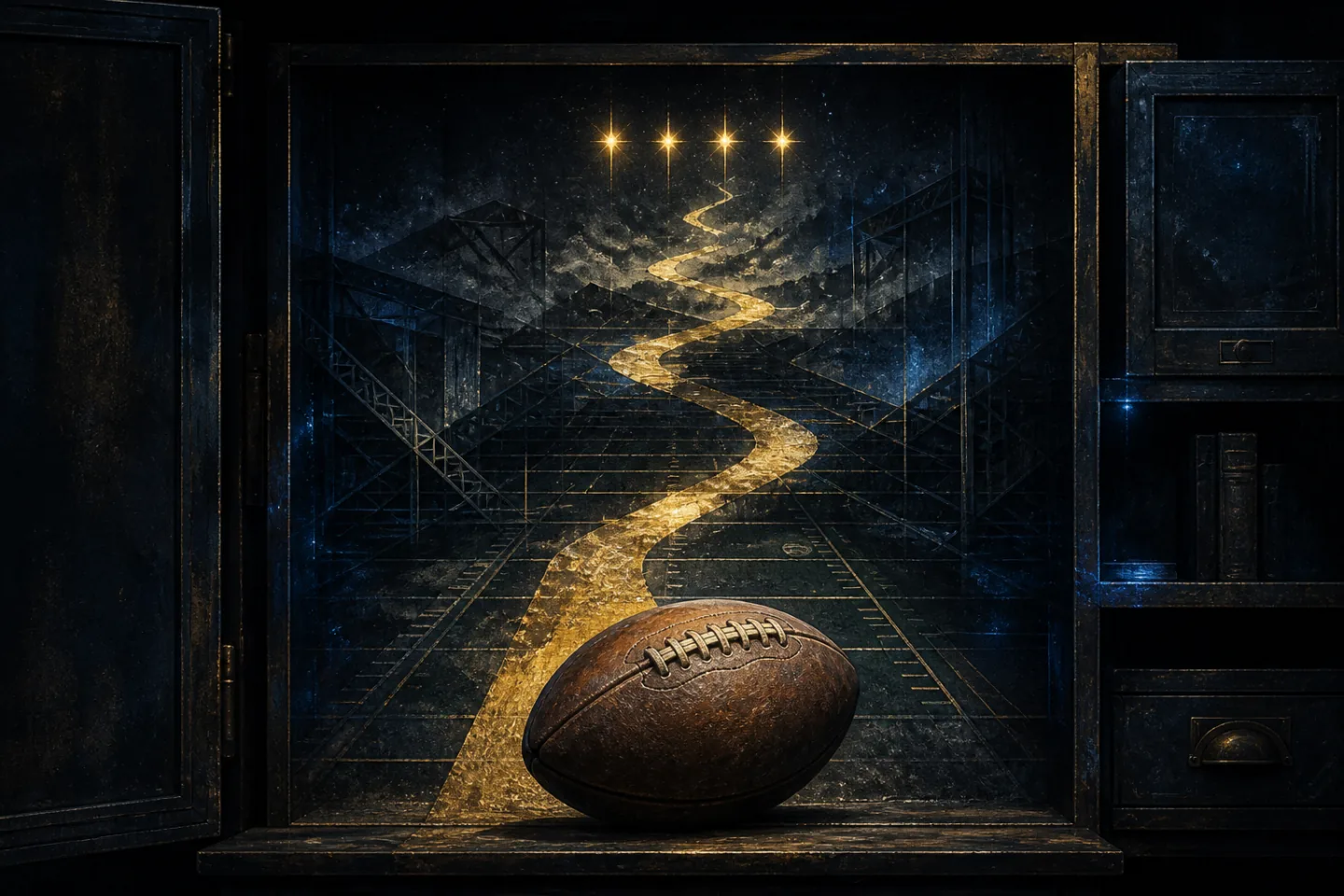 Painterly night cabinet framing a worn generic football, a winding gold path, steel-like geometry, and four glowing gold stars.