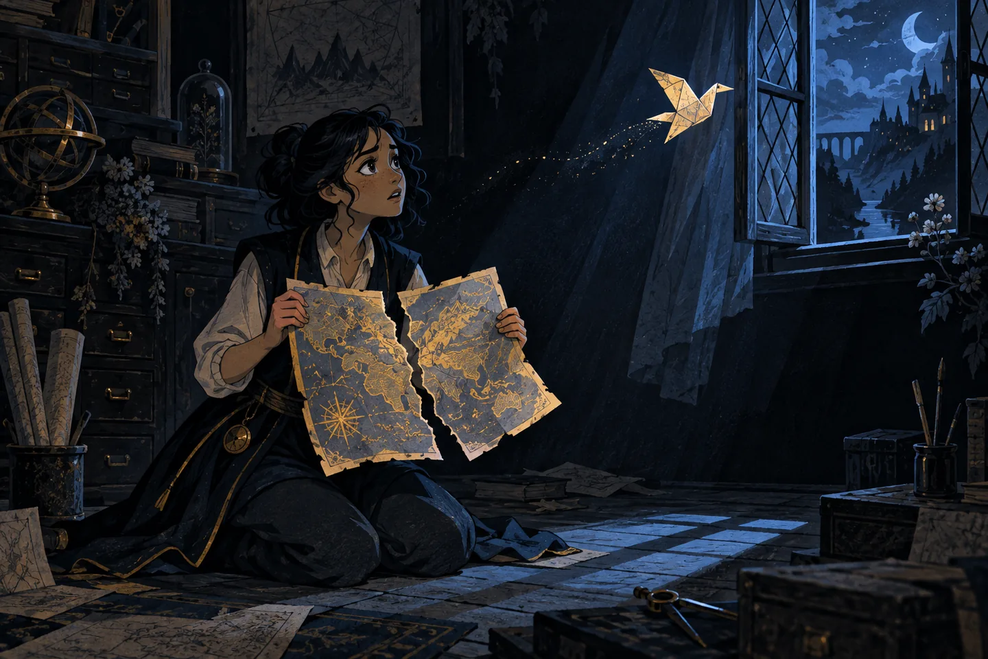 Mina kneels holding two torn map halves as a golden paper bird flies toward an open, blue-lit window.